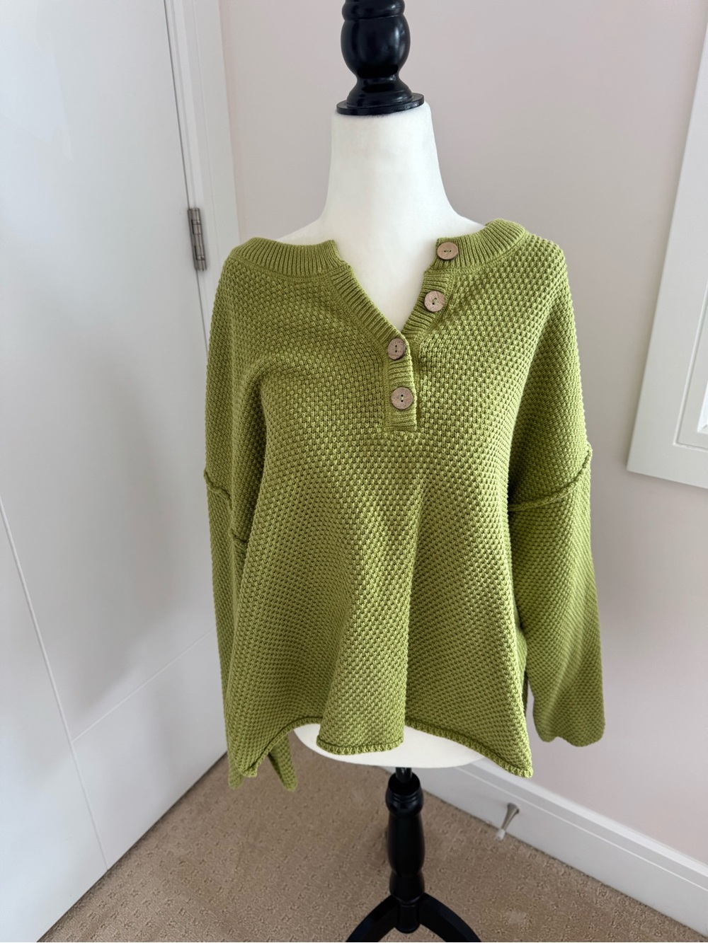 Free People Olive Green Button Henley Sweater